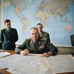 A Soviet airforce officer in uniform partaking in a serious meeting around a large table with maps and strategic plans spread across it.