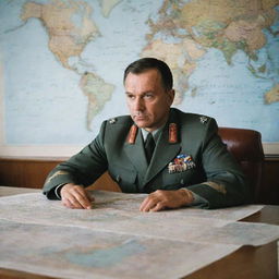 A Soviet airforce officer in uniform partaking in a serious meeting around a large table with maps and strategic plans spread across it.