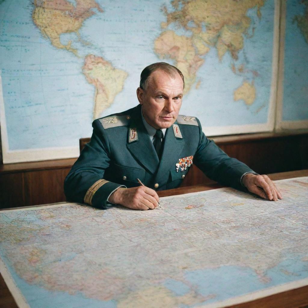 A Soviet airforce officer in uniform partaking in a serious meeting around a large table with maps and strategic plans spread across it.