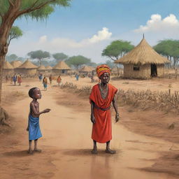 One day, a drought plagued the land, threatening the crops and livelihood of the villagers. The king announced a grand festival to appease the rain spirits and seek their mercy. African village ai cartoon