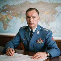 A high-ranking Soviet Airforce officer in full uniform during a meeting in a 1980s style room, a map with strategical plans on the wall behind him