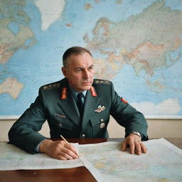 A high-ranking Soviet Airforce officer in full uniform during a meeting in a 1980s style room, a map with strategical plans on the wall behind him