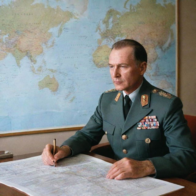 A high-ranking Soviet Airforce officer in full uniform during a meeting in a 1980s style room, a map with strategical plans on the wall behind him