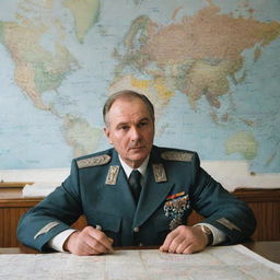 A high-ranking Soviet Airforce officer in full uniform during a meeting in a 1980s style room, a map with strategical plans on the wall behind him