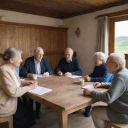 A group of elderly people involved in a lively discussion, sitting around a large wooden table in a traditional countryside house