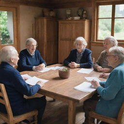 A group of elderly people involved in a lively discussion, sitting around a large wooden table in a traditional countryside house