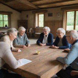 A group of elderly people involved in a lively discussion, sitting around a large wooden table in a traditional countryside house