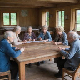 A group of elderly people involved in a lively discussion, sitting around a large wooden table in a traditional countryside house