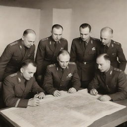 A vintage sepia-toned photo of a group of Soviet Airforce engineers in uniform, gathered around a table covered with technical blueprints and aerial maps