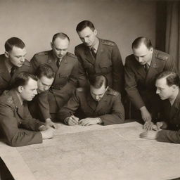 A vintage sepia-toned photo of a group of Soviet Airforce engineers in uniform, gathered around a table covered with technical blueprints and aerial maps