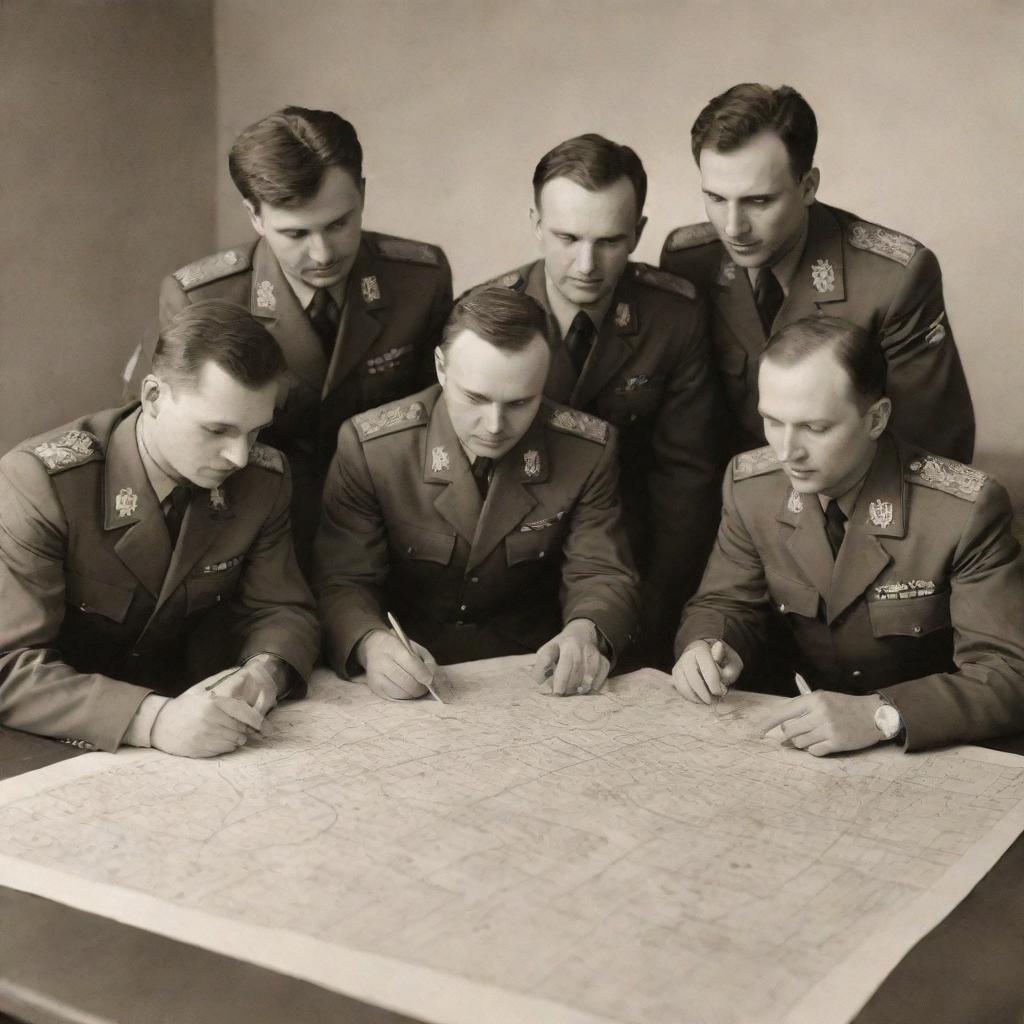 A vintage sepia-toned photo of a group of Soviet Airforce engineers in uniform, gathered around a table covered with technical blueprints and aerial maps