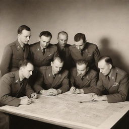 A vintage sepia-toned photo of a group of Soviet Airforce engineers in uniform, gathered around a table covered with technical blueprints and aerial maps