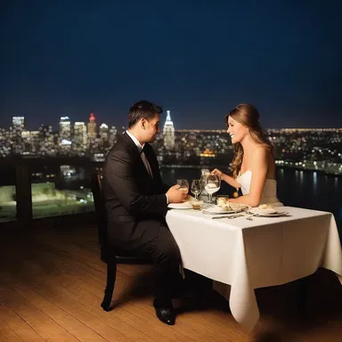 The couple enjoyed a romantic dinner in an urban rooftop restaurant, overlooking the city lights.