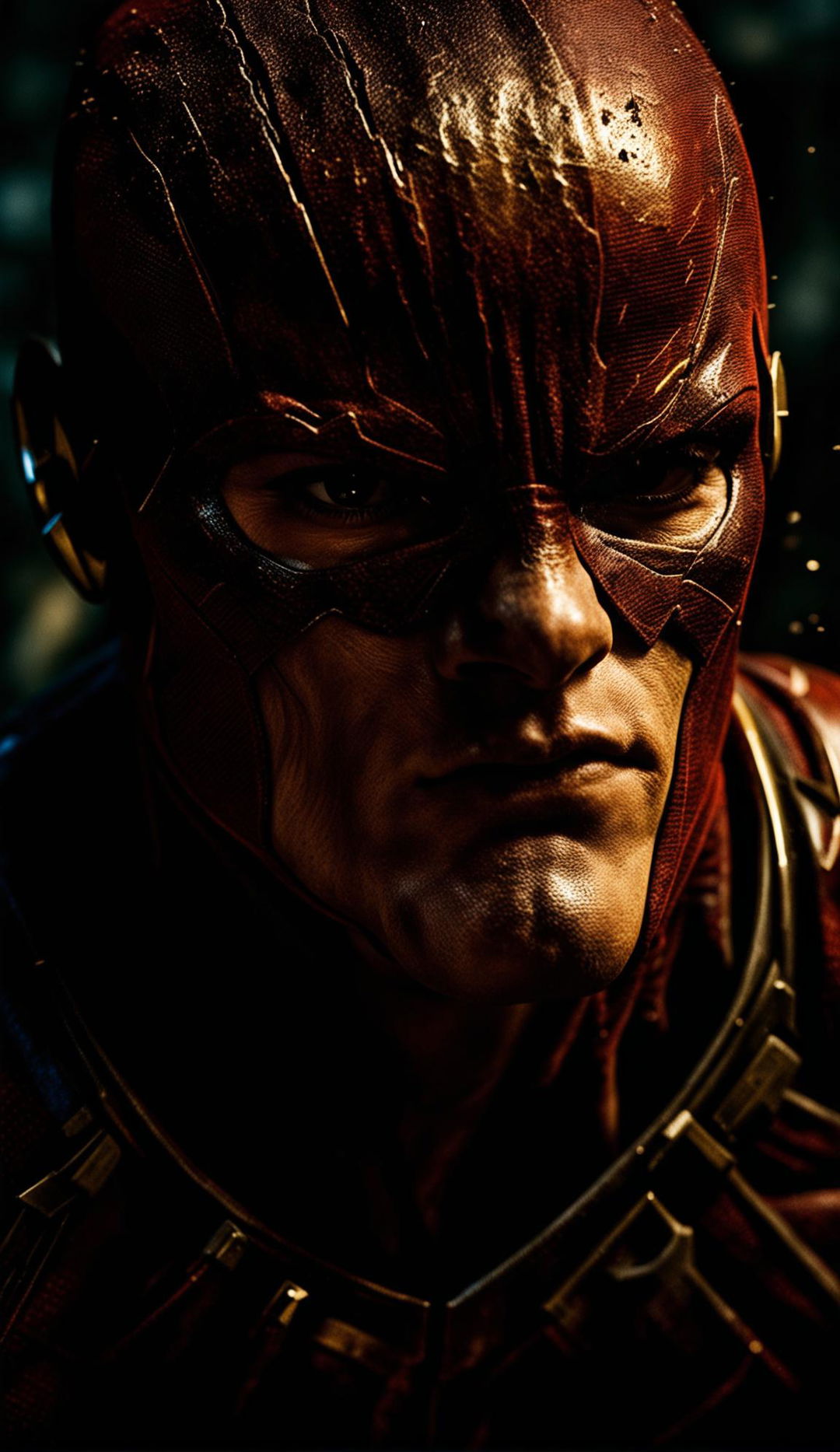 Ultra close-up of a rugged yet handsome Flash under the mask, in a grimdark composition with intricate detail and dramatic shadowy lighting.