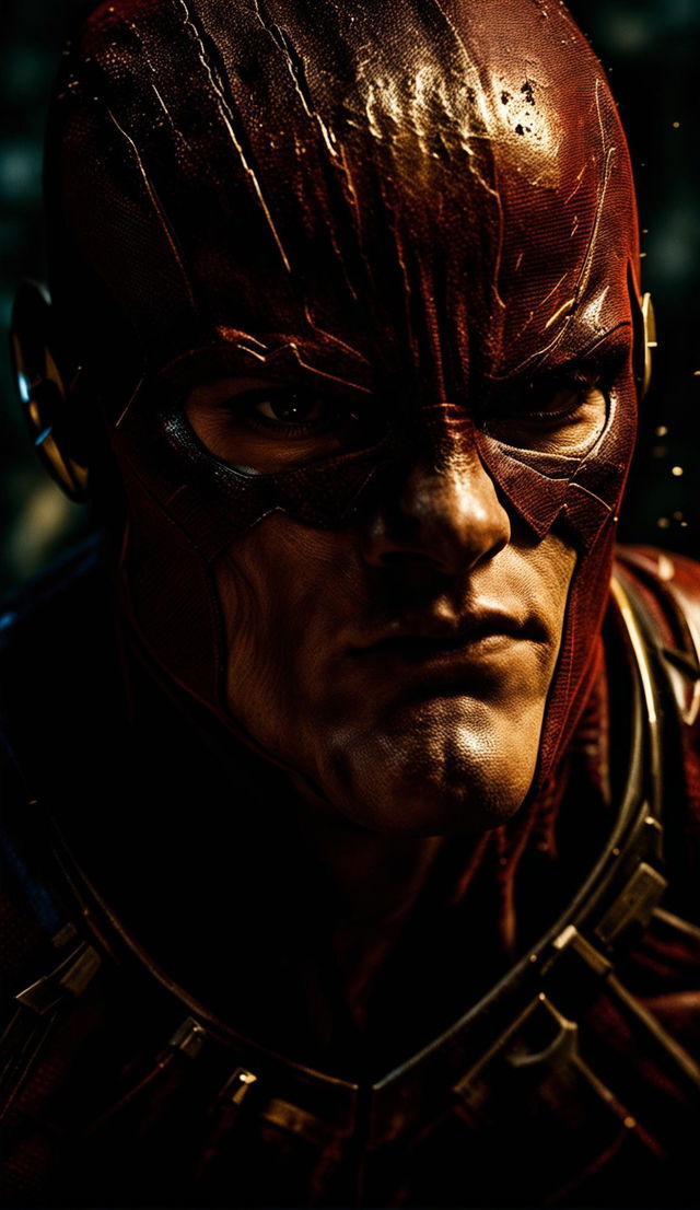 Ultra close-up of a rugged yet handsome Flash under the mask, in a grimdark composition with intricate detail and dramatic shadowy lighting.