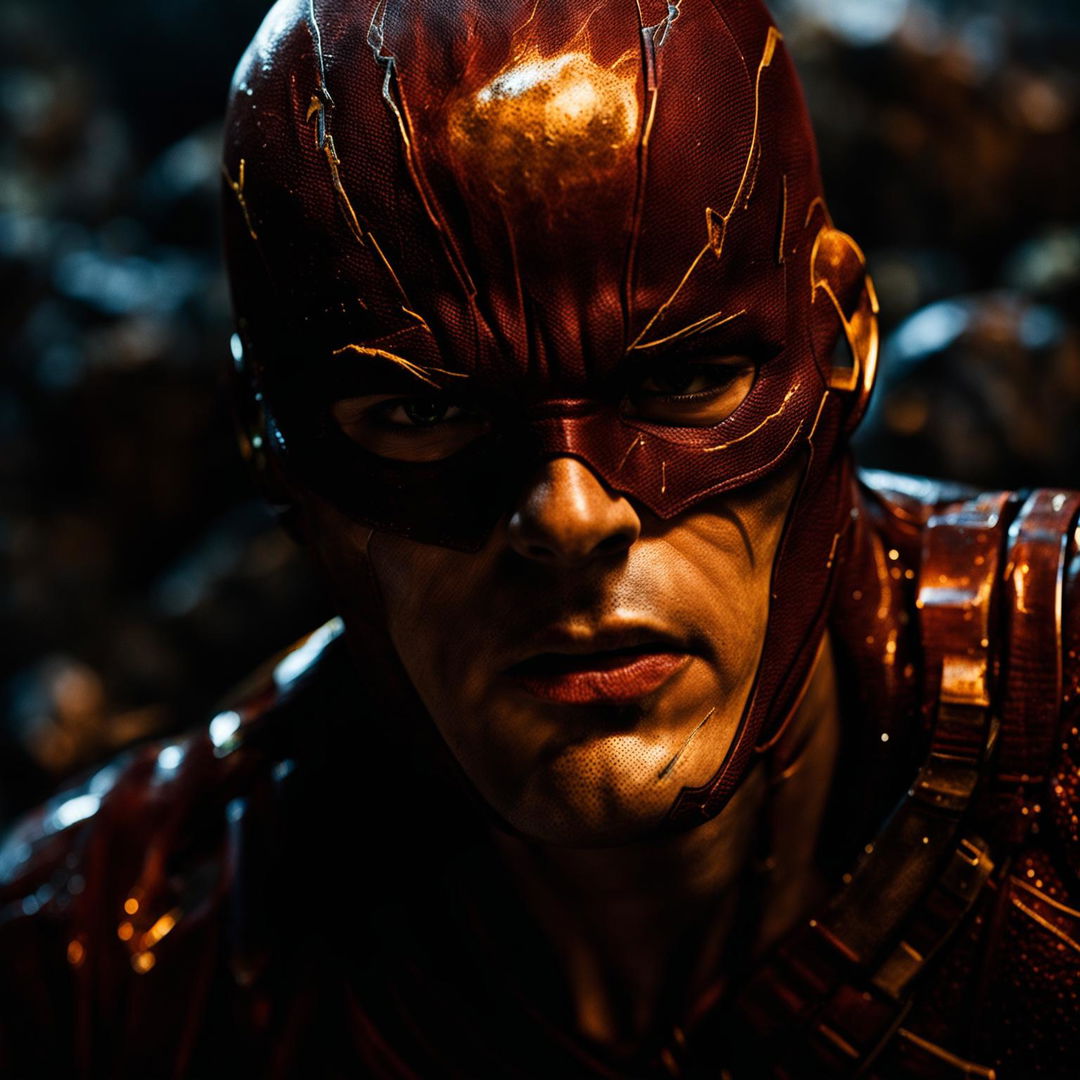 Ultra close-up of a rugged yet handsome Flash under the mask, in a grimdark composition with intricate detail and dramatic shadowy lighting.