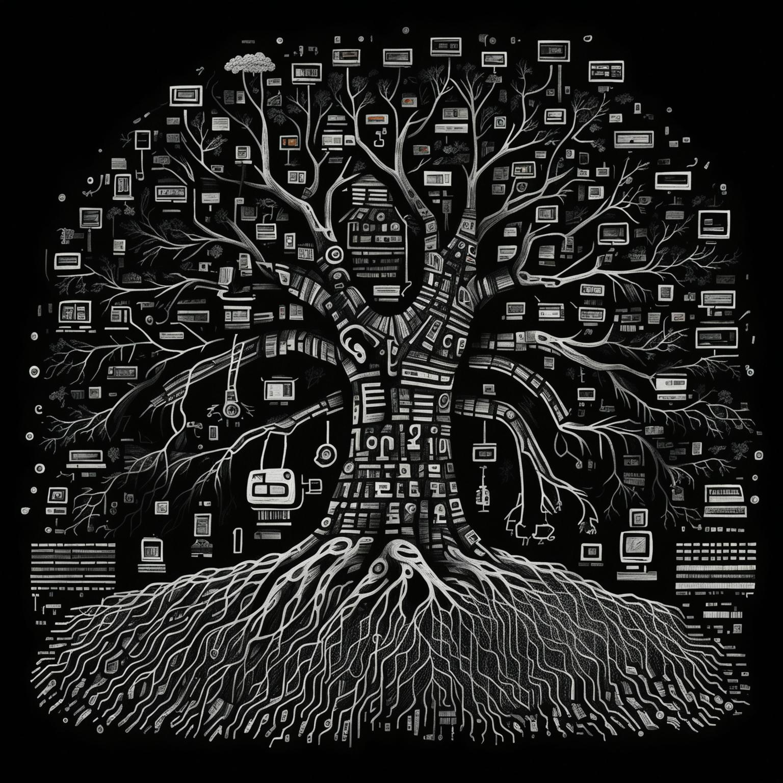 A hand-drawn sketch for a blog post about software development, featuring a tree of code branching out to various software applications.