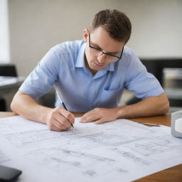 An aerospace engineer working diligently on blueprints, with model aircraft and technical tools in the background