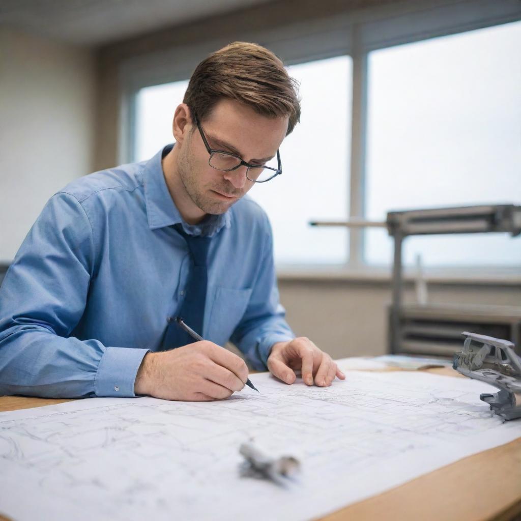 An aerospace engineer working diligently on blueprints, with model aircraft and technical tools in the background