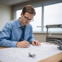 An aerospace engineer working diligently on blueprints, with model aircraft and technical tools in the background