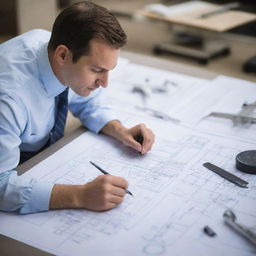 An aerospace engineer working diligently on blueprints, with model aircraft and technical tools in the background