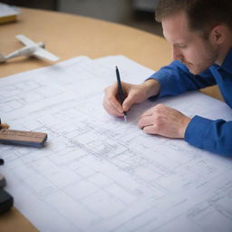 An aerospace engineer working diligently on blueprints, with model aircraft and technical tools in the background