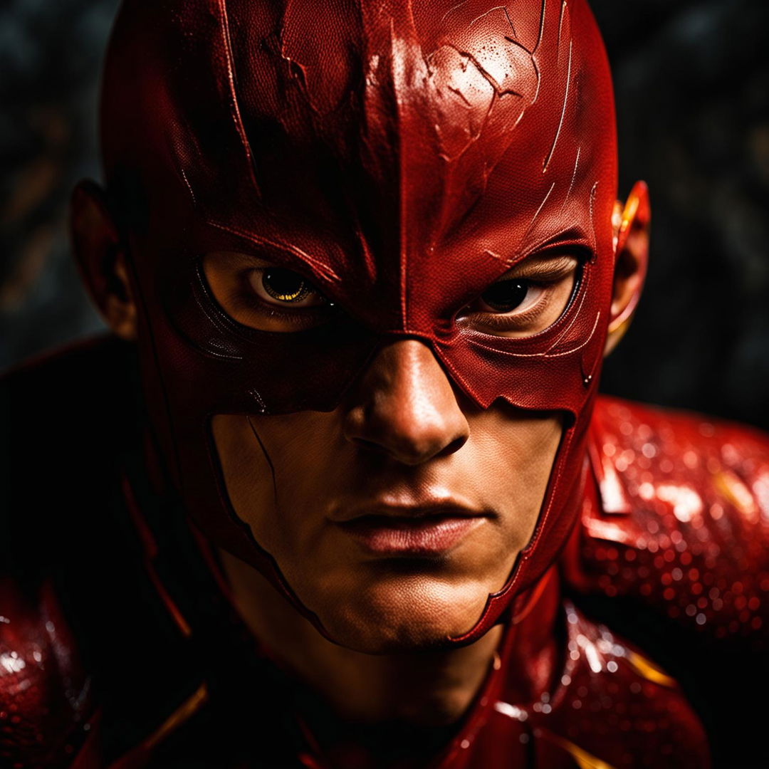 Ultra close-up photograph by Mario Testino featuring the Flash in grimdark composition. His mask is scarred and worn, yet underneath he remains ruggedly handsome.