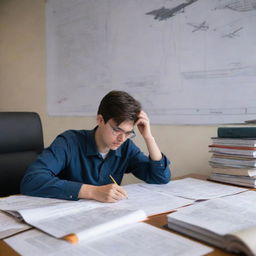 An aviation engineering student deeply engrossed in studying, surrounded by textbooks, diagrams of aircrafts, and models