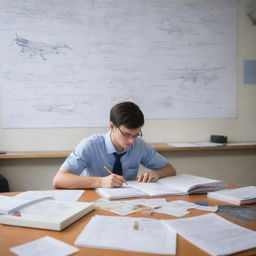 An aviation engineering student deeply engrossed in studying, surrounded by textbooks, diagrams of aircrafts, and models