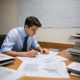 An aviation engineering student deeply engrossed in studying, surrounded by textbooks, diagrams of aircrafts, and models