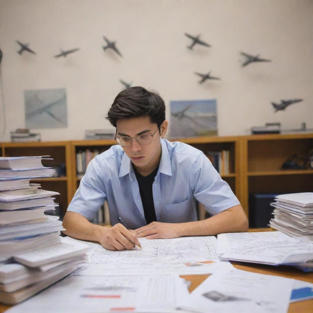 An aviation engineering student deeply engrossed in studying, surrounded by textbooks, diagrams of aircrafts, and models