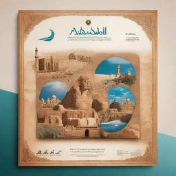 Design an engaging advertisement for a travel and tourism project named 'Al-Kahli Travel and Tourism Agency'. Include elements of world landmarks, mode of travel, and a stylized version of the company's name in the layout.