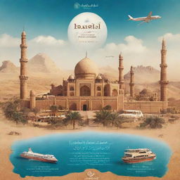 Design an engaging advertisement for a travel and tourism project named 'Al-Kahli Travel and Tourism Agency'. Include elements of world landmarks, mode of travel, and a stylized version of the company's name in the layout.