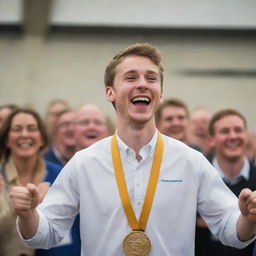 An aviation engineering student beaming with joy as he receives a gold medal, surrounded by peers applauding and congratulatory banners, symbolizing his position as the top of his class