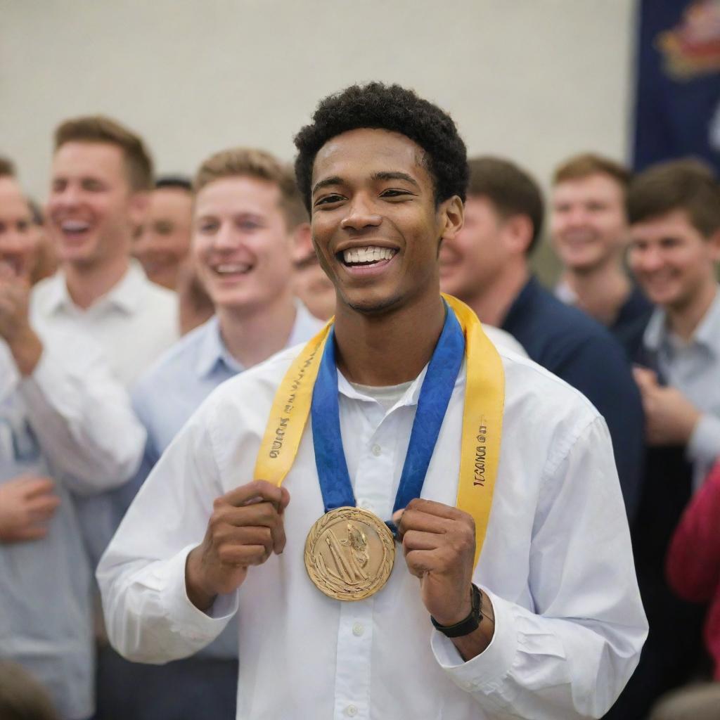 An aviation engineering student beaming with joy as he receives a gold medal, surrounded by peers applauding and congratulatory banners, symbolizing his position as the top of his class