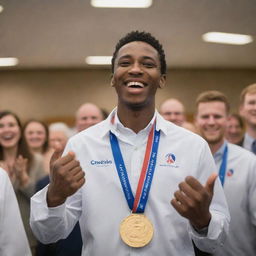 An aviation engineering student beaming with joy as he receives a gold medal, surrounded by peers applauding and congratulatory banners, symbolizing his position as the top of his class