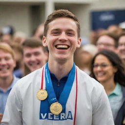 An aviation engineering student beaming with joy as he receives a gold medal, surrounded by peers applauding and congratulatory banners, symbolizing his position as the top of his class