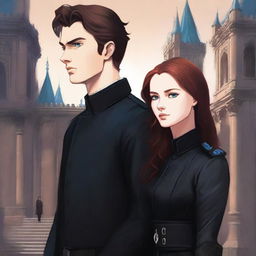 A high-quality digital art illustration for a book cover featuring a young woman with bright blue eyes and reddish-brown hair, standing next to a taller man with black hair and dark blue eyes