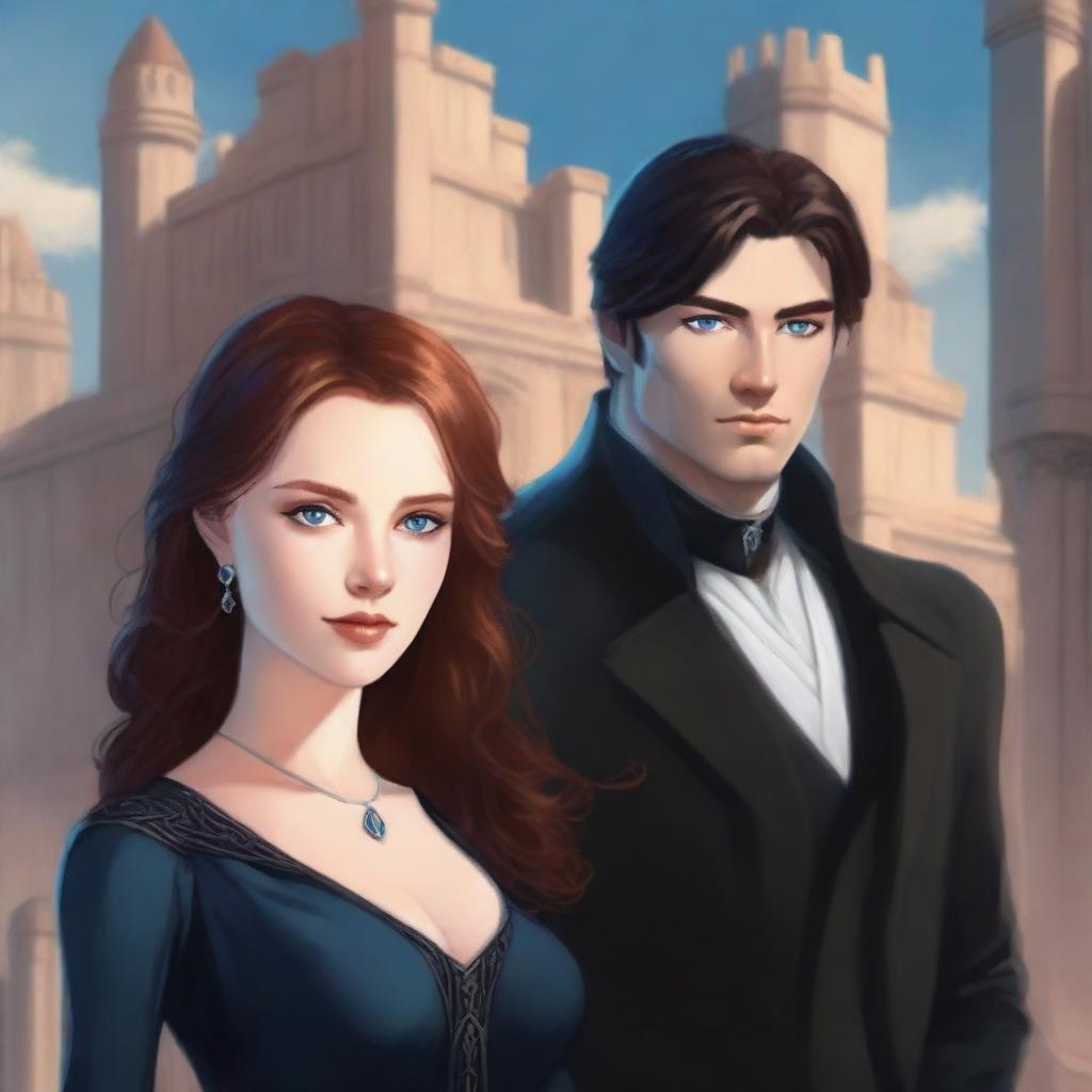 A high-quality digital art illustration for a book cover featuring a young woman with bright blue eyes and reddish-brown hair, standing next to a taller man with black hair and dark blue eyes