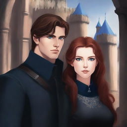 A high-quality digital art illustration for a book cover featuring a young woman with bright blue eyes and reddish-brown hair, standing next to a taller man with black hair and dark blue eyes