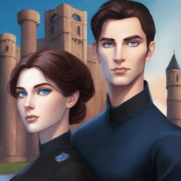 A high-quality digital art illustration for a book cover featuring a young woman with bright blue eyes and reddish-brown hair, standing next to a taller man with black hair and dark blue eyes