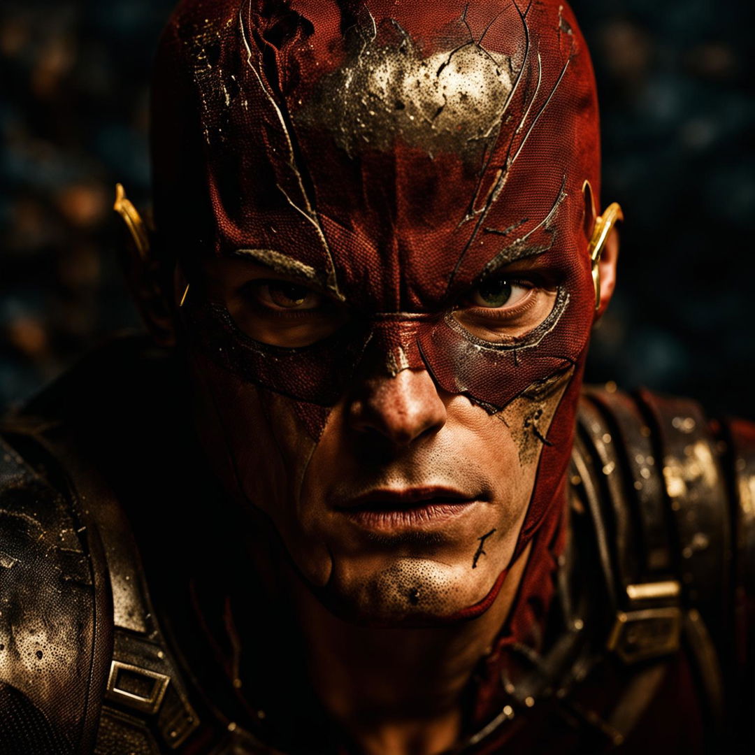 Ultra close-up of a scarred, rugged and weary Flash in grimdark composition, captured in ultra fine photography reminiscent of Mario Testino's style, with immaculate lighting and composition.