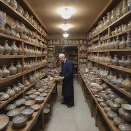 A traditional souvenir shop in Ardakan, Iran filled with local crafts, pottery, and delicate pieces of artisan work.