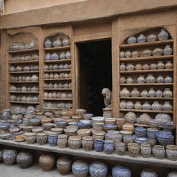 A traditional souvenir shop in Ardakan, Iran filled with local crafts, pottery, and delicate pieces of artisan work.