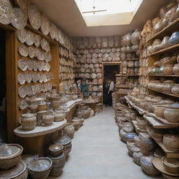 A traditional souvenir shop in Ardakan, Iran filled with local crafts, pottery, and delicate pieces of artisan work.