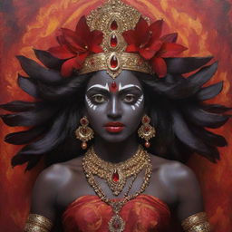 An artistic interpretation of young Indian goddess Kali, featuring her traditional dark skin, contrasted with intense red irises, embodying divine power, dressed in vibrant traditional attire amidst a spiritual backdrop.