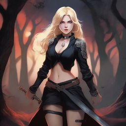 A vivid digital art image of a blonde young woman with light eyes, dressed in black combat attire, clutching a sword