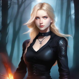 A vivid digital art image of a blonde young woman with light eyes, dressed in black combat attire, clutching a sword