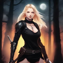 A vivid digital art image of a blonde young woman with light eyes, dressed in black combat attire, clutching a sword