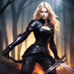 A vivid digital art image of a blonde young woman with light eyes, dressed in black combat attire, clutching a sword